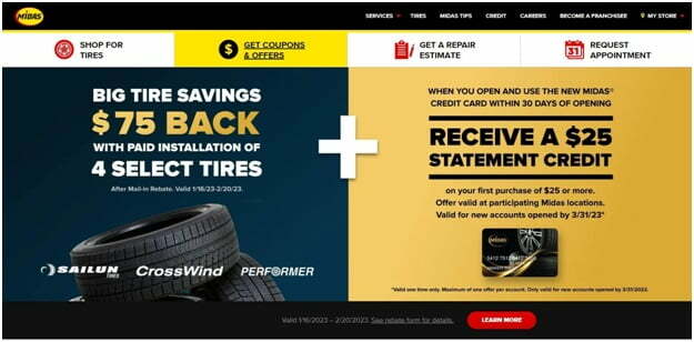 Midas Credit Card financing cashback